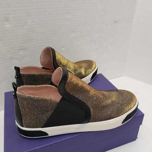 New Stuart Weitzman Shoes Sneakers Metallic Gold Silver Black Flat Slip 9.5 - Picture 2 of 16